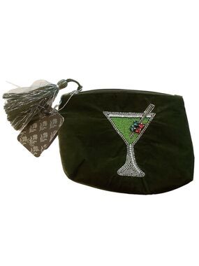 Martini Glass Green Velvet Beaded Cosmetic Pouch Bag New